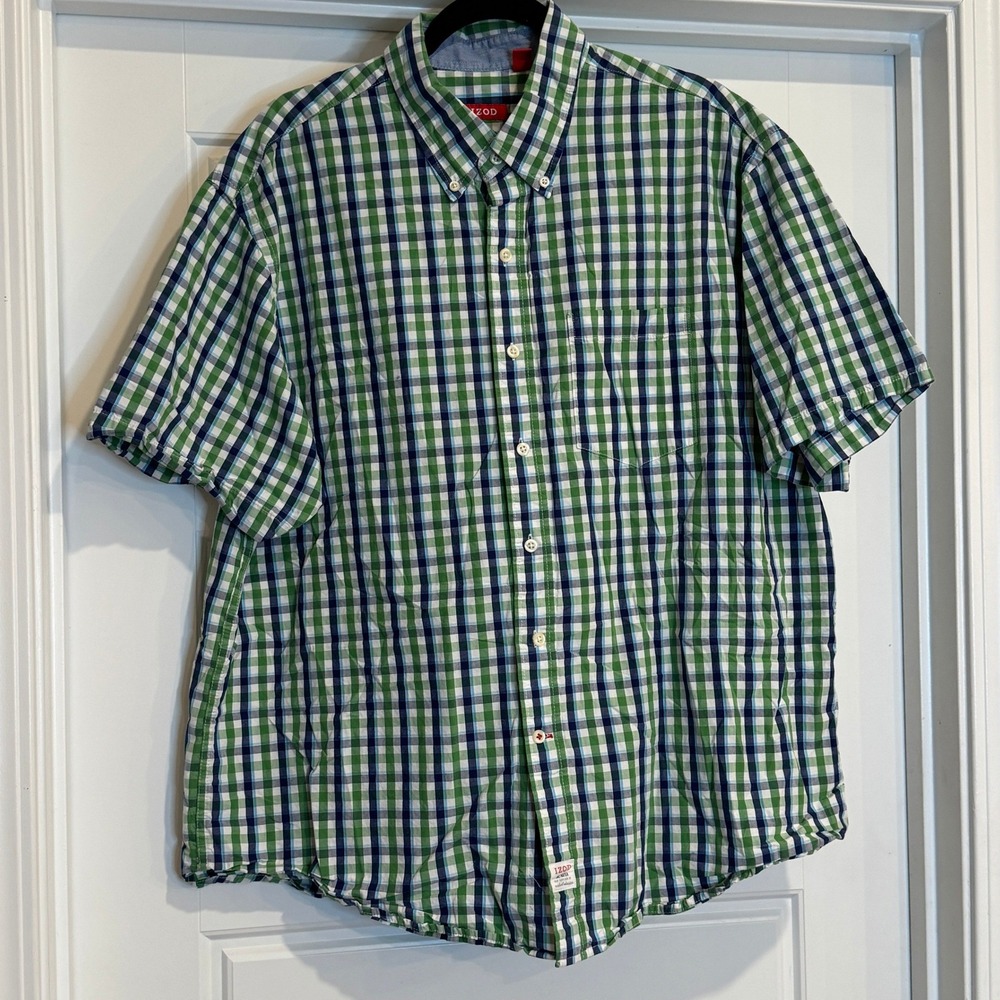 IZOD Button Down Shirt Mens XL Green Navy Gingham Saltwater Short Sleeve Casual